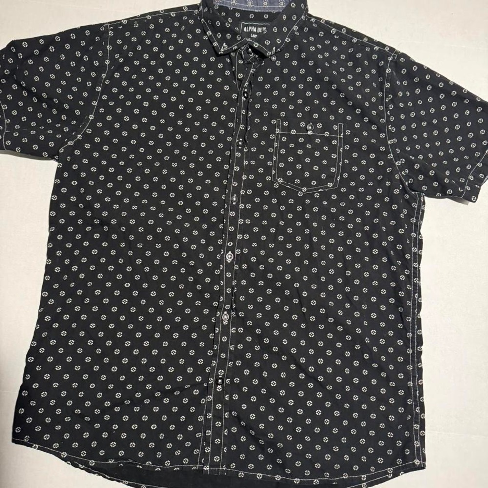 Alpha Beta Men's SS Button Up Dress Shirt,‎ Black w/Grey Design, Large